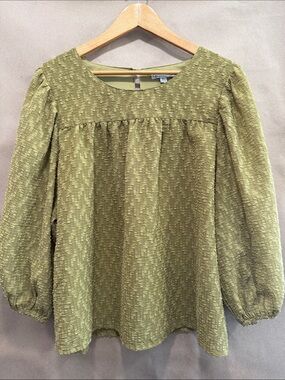 Textured Olive Peasant Blouse with Balloon Sleeves